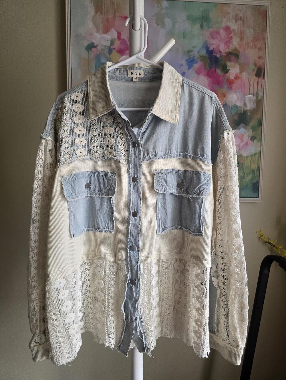 POL Mixed Media Denim Lace Waffle Knit Oversized Shacket Medium NWOT - Picture 3 of 6